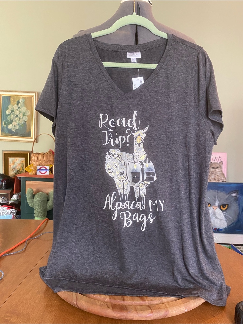 The Avenue Women’s Graphic Dark Grey V-neck Shirt, “Road Trip? Alpaca MY Bags."
